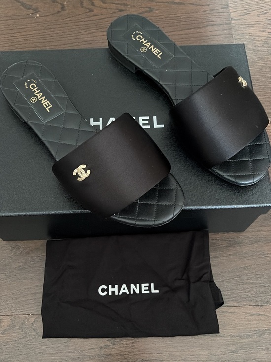 CHANEL Shoes - CHANEL Black Satin Quilted Slide Sandals with Gold CC Emblem